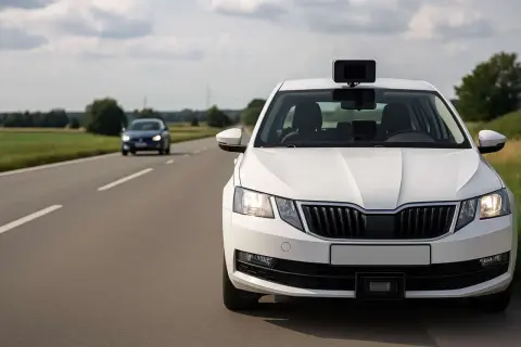 Voiture radar blanche sur la route, avec un autre véhicule au loin. L'appareil sur le toit mesure à quelle distance flash une voiture radar.