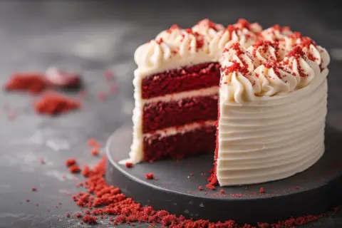 Una fetta di torta red velvet, con strati di pan di spagna rosso intenso e crema bianca, decorata con briciole rosse.