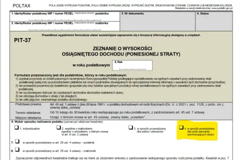 Formularz PIT-37, sekcja 6. Wybór sposobu rozliczenia podatku, opcja 4: dla osób samotnie wychowujących dzieci.