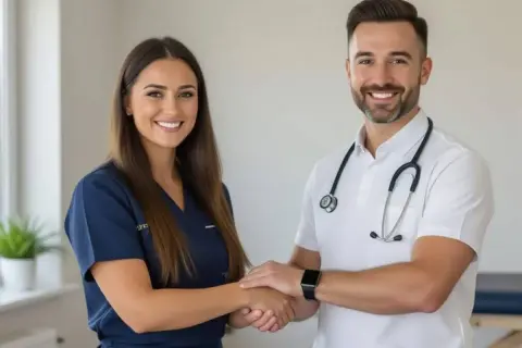 Un osteopata e un ortopedico si stringono la mano, sorridendo.