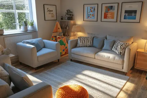 Gemütliches Wohnzimmer mit Sofas, Sesseln und Spielzeug. Ein Ort, an dem die Familie gerne zusammenkommt.