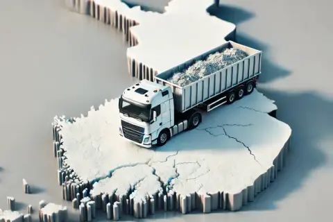 Biała ciężarówka z naczepą pełną materiału na tle mapy Finlandii. Odkrywamy sekrety transportu zwycięskich kul do studia losowań w Finlandii.