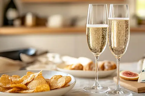 Två glas bubbel med krispiga potatischips och en bit ost. Perfekt tilltugg till bubbel för en festlig stund.