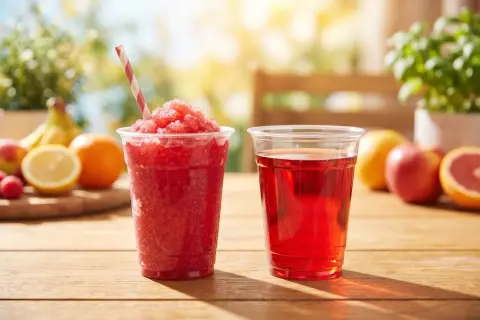 Zwei Becher mit erfrischenden Getränken, einer mit rotem Slush Eis selber machen, daneben ein Glas roter Saft. Obst im Hintergrund.