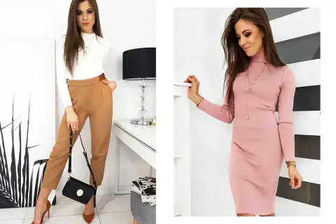 Figura klepsydra jak się ubierać: eleganckie spodnie i bluzka lub dopasowana sukienka podkreślą sylwetkę.