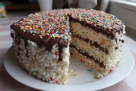 En färgglad rice krispies tårta med chokladglasyr och strössel. Perfekt för barnkalas!