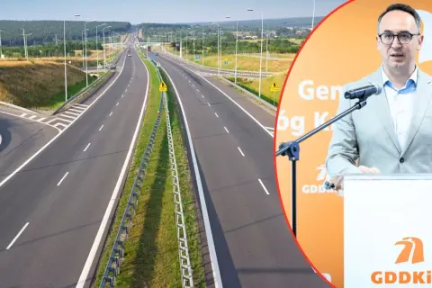 Droga ekspresowa S8, łącząca Łódź z Warszawą, z widocznym politykiem przy mównicy.