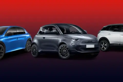 Trois voitures : une Peugeot 208 bleue, une Fiat 500 grise et un SUV blanc, représentant des voitures thermiques modernes.