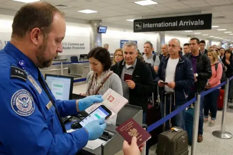 Funkcjonariusz TSA sprawdza paszporty w kolejce do odprawy. Pasażerowie z bagażami czekają na kontrolę, zastanawiając się, co trzeba oclić na lotnisku.