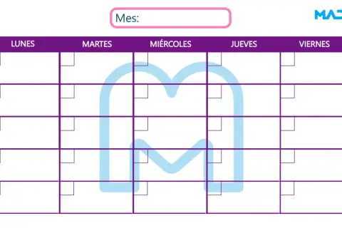 Un calendario de estudio con los días de la semana (Lunes a Viernes) y filas para organizar tareas. Ideal para planificar tu mes.
