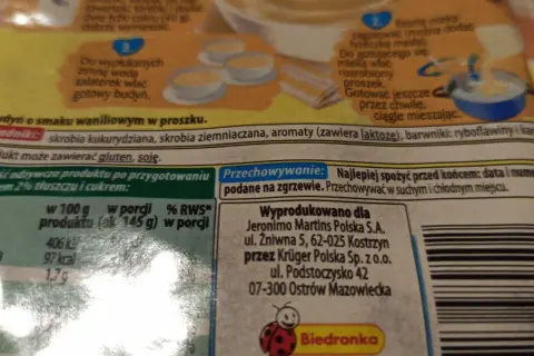 Budyń waniliowy w proszku. Porcja 145g ma 97 kcal. Idealny deser, gdy liczymy budyń kcal.