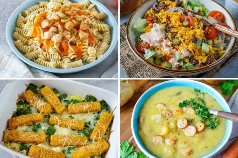 Vier leckere und schnelle Familienrezepte: Nudeln mit Soße, Salat, Auflauf und Suppe.