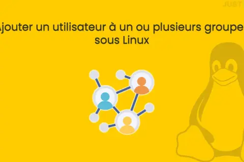 Ajouter un utilisateur à un groupe sudo sous Linux. Icône de réseau social et pingouin Linux sur fond jaune.