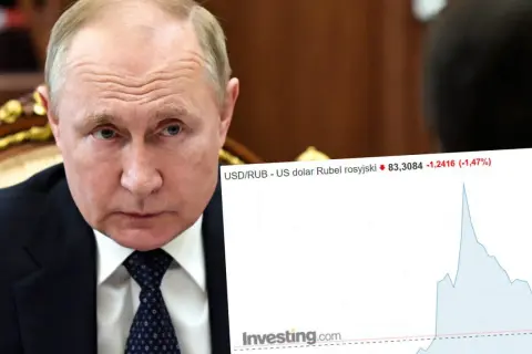 Władimir Putin na tle wykresu pokazującego wahania kursu rubla rosyjskiego.