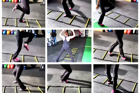 A person performs a speed ladder workout, showcasing agility drills and quick footwork on a yellow agility ladder.