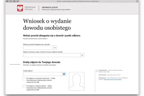 Formularz wniosku o wydanie dowodu osobistego. Wybierz powód ubiegania się o dowód i dodaj zdjęcie.