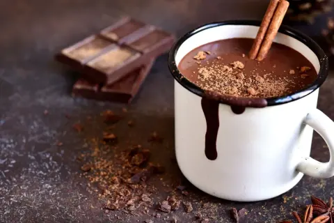 Cioccolata calda cremosa con cacao e cioccolato, guarnita con cannella e cacao in polvere. Accanto, pezzi di cioccolato fondente e spezie.