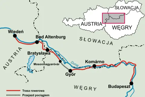 Mapa tras rowerowych i kolejowych wzdłuż Dunaju, od Wiednia przez Bratysławę i Győr do Budapesztu.