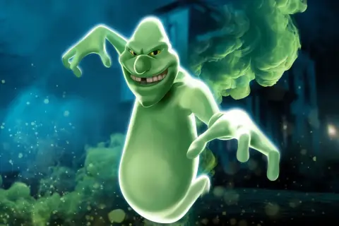 Złowrogi, zielony duch z uśmiechem na twarzy, otoczony zieloną mgłą. Wygląda jak postać z gry ghost.