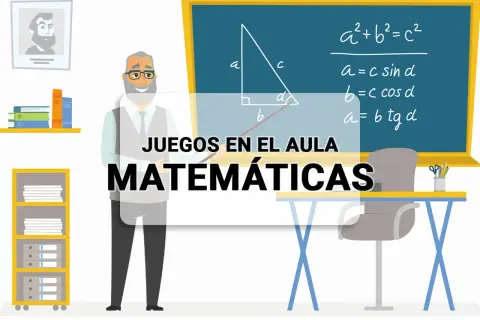 Un profesor sonriente explica fórmulas matemáticas en una pizarra, con estanterías y un retrato. ¡Son juegos de mates!