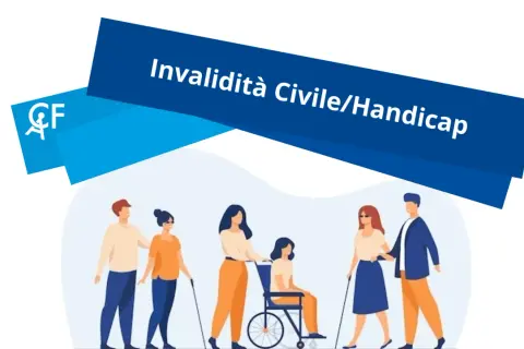 Persone con disabilità, tra cui una in sedia a rotelle e persone con bastoni, supportate da chi le accompagna. Invalidità civile/handicap.