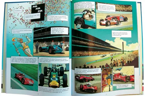 Komiksowe **książki o motoryzacji** przedstawiają wyścigi Indy 500, legendarnych kierowców i historyczne bolidy.