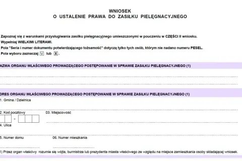 Wniosek o ustalenie prawa do zasiłku pielęgnacyjnego 2024. Formularz zawiera dane organu i adres wnioskodawcy.