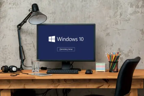 Biurko z komputerem Windows 10, lampką, słuchawkami i szkłem wody. Zastanawiasz się, jak wyłączyć komputer?