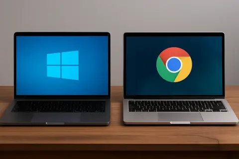 Dwa laptopy na drewnianym stole. Lewy z logo Windows, prawy z logo Chrome OS.