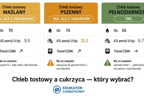 Chleb tostowy pełnoziarnisty ma najniższy IG (55) i najwięcej błonnika, co czyni go dobrym wyborem.