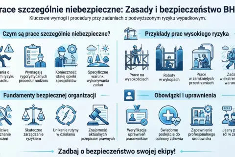 Wykaz prac szczególnie niebezpiecznych: zasady BHP, przykłady prac wysokiego ryzyka, fundamenty bezpiecznej organizacji, obowiązki i uprawnienia.