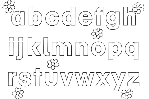 Kleine Buchstaben zum Ausmalen und buchstaben schreiben lernen zum ausdrucken. Das Alphabet von a bis z mit kleinen Blumen verziert.
