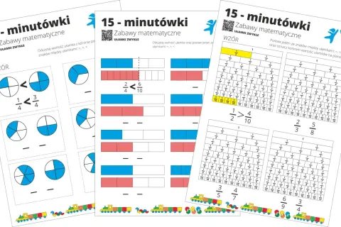 Zabawy matematyczne z dodawaniem ułamków na kolorowych planszach. Dzieci porównują ułamki i uzupełniają zadania.