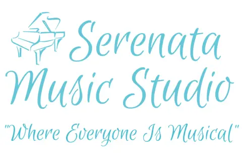 Stylizowany fortepian i napis "Serenata Music Studio". "Gdzie każdy jest muzykalny".