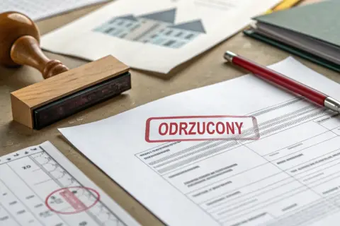Dokument z pieczątką "ODRZUCONY" i pieczęcią, sugerujący zgłoszenie samowoli budowlanej.