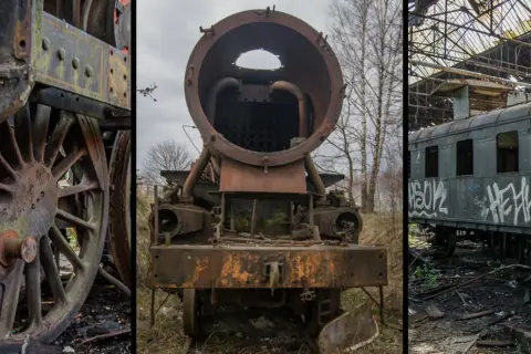Trzy ujęcia starych, zardzewiałych pociągów. Widoczne koła, kocioł parowy i wagon z graffiti.