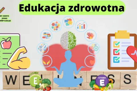 Edukacja zdrowotna program nauczania: ilustracja promuje zdrowy styl życia, ćwiczenia, dietę i dobre samopoczucie.