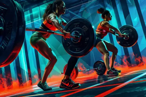 Två kvinnor lyfter skivstänger i ett modernt gym. Intensiv träning som en del av deras gymprogram.