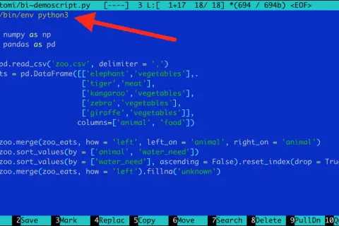 Le script Python commence par le shebang `#!/usr/bin/env python3`, suivi de l'importation de pandas pour manipuler des données de zoo.