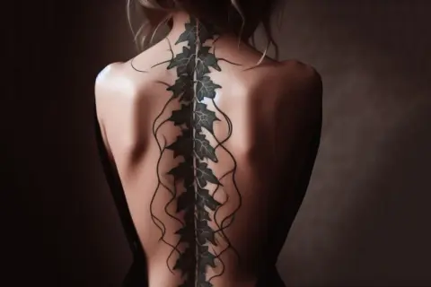 Tatuaje de enredadera con hojas en la columna vertebral de una mujer, evocando el significado elegante de los tatuajes de columna para mujer.