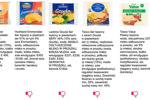 Ser topiony Emmentaler i Gouda w plasterkach: Creamfields, Hochland, Lactima, Tesco. Idealny do kanapek.