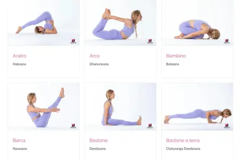 Donna in posizione supina esegue diverse posizioni yoga: Aratro, Arco, Bambino, Barca, Bastone e Bastone a terra.