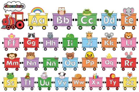 Un tren de vagones de colores muestra el abecedario mayúsculas con animales y objetos divertidos en cada uno.