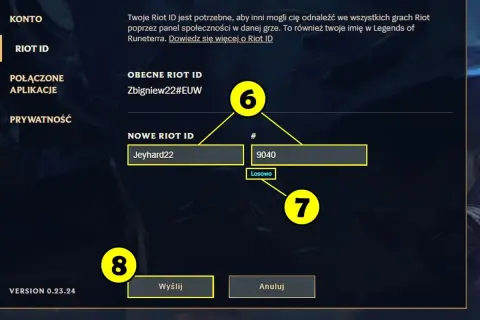 Ekran zmiany Riot ID w Valorant. Widzimy pole "NOWE RIOT ID" z wpisanym "Jeyhard22", gdzie można zmienić nick.