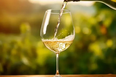 Versando un fresco bicchiere di Trebbiano d'Abruzzo in un vigneto al tramonto.
