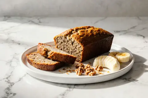 Chlebek bananowy z airfryera, pokrojony na kromki, z orzechami i plasterkami banana na talerzu.
