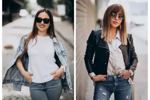 Dwie kobiety w jeansach i kurtkach. Jedna w dżinsowej, druga w skórzanej. Idealna stylizacja na koncert rockowy.