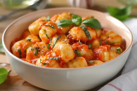 En skål med fluffig gnocchi i en smakrik tomatsås, toppad med färsk basilika. Enkel och god vardagsmat.
