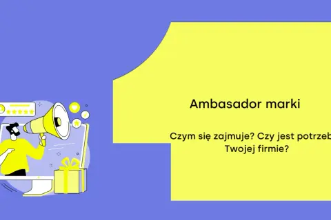Grafika przedstawia ambasadora marki, który z megafonem wychodzi z ekranu komputera, zachęcając do oceny i promocji.