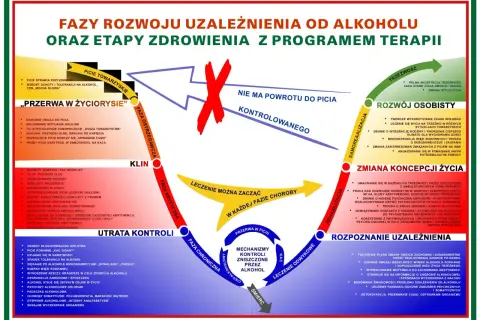Schemat faz rozwoju uzależnienia od alkoholu i etapów zdrowienia.
